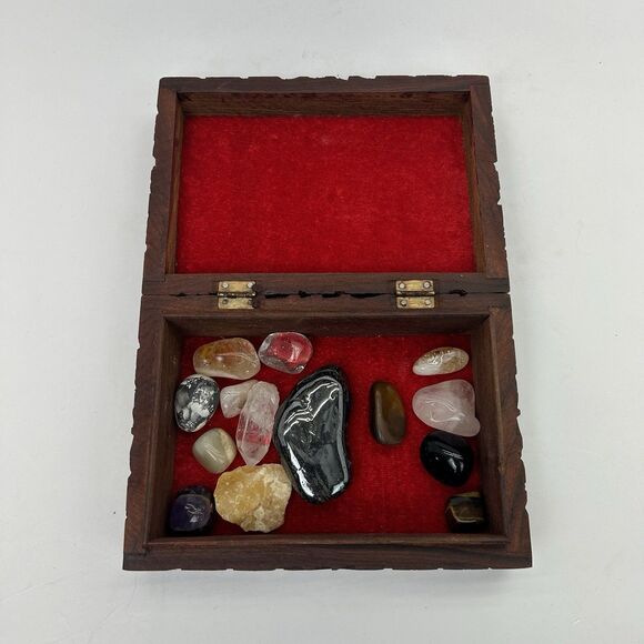 Triquetra Celtic Floral Hand Carved Wooden Trinket Keepsake Box Gemstones - Picture 10 of 16